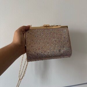 Rhinestone Embellished Rose Gold Evening Clutch with Chain